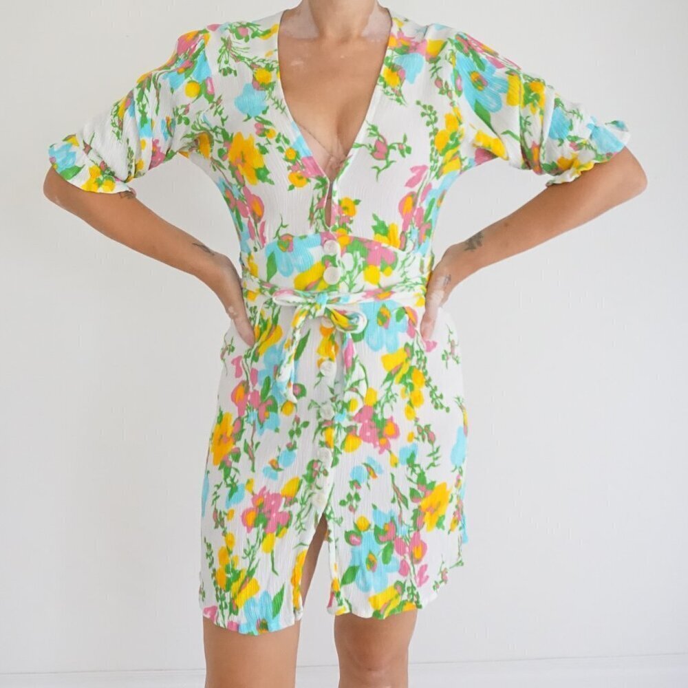 Faithfull The Brand Floral Wrap Mini Dress Puff Sleeve Tie Waist Summer M